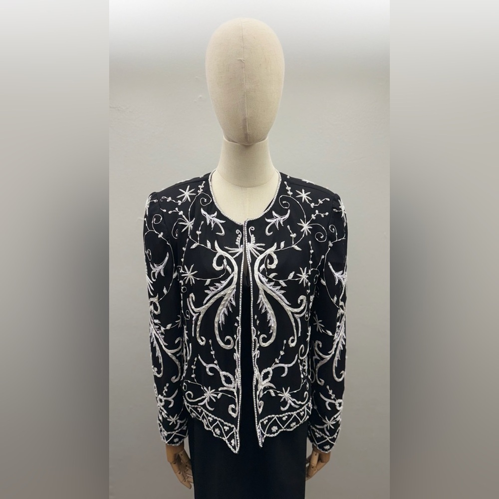 Andretta Donatello Silk Beaded Jacket Black White Embroidered Formal Size M